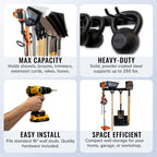 Garden tool organizer features: max capacity, heavy-duty steel, easy install on wall studs, space efficient