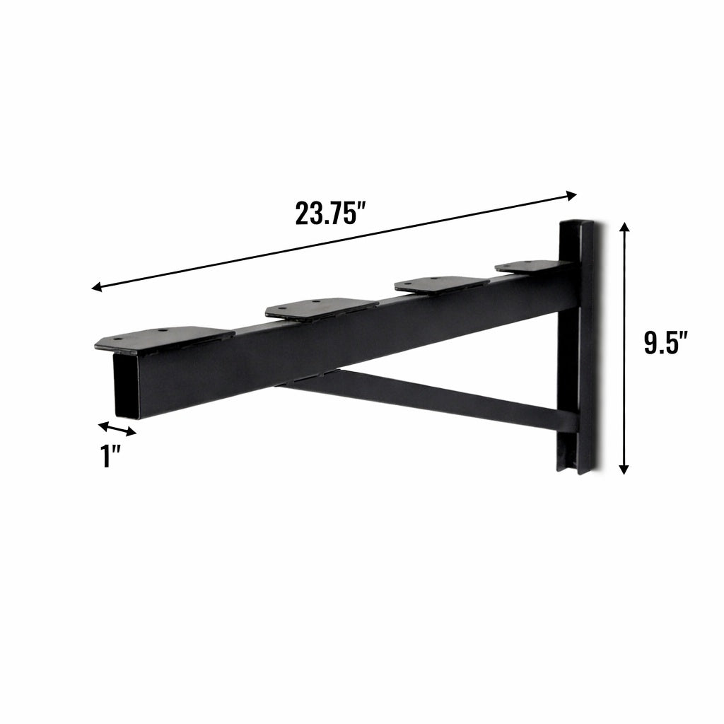 2 x 8 ft DIY shelf bracket dimensions: 23.75 in deep, 9.5 in tall, 1 in wide