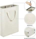 Beige hamper details showing a removable support rod, fabric, and reinforced base