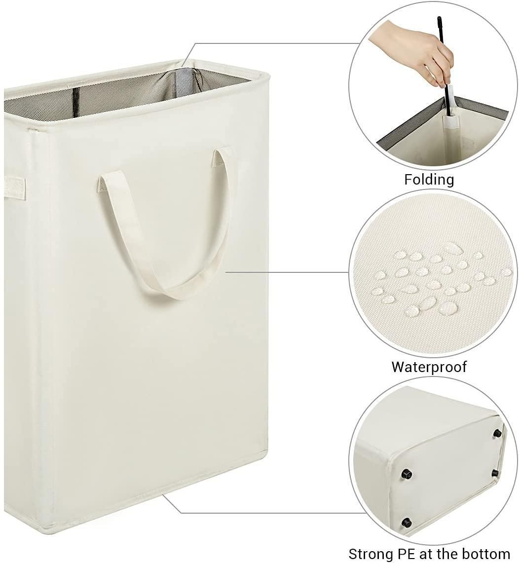 Beige hamper details showing a removable support rod, fabric, and reinforced base