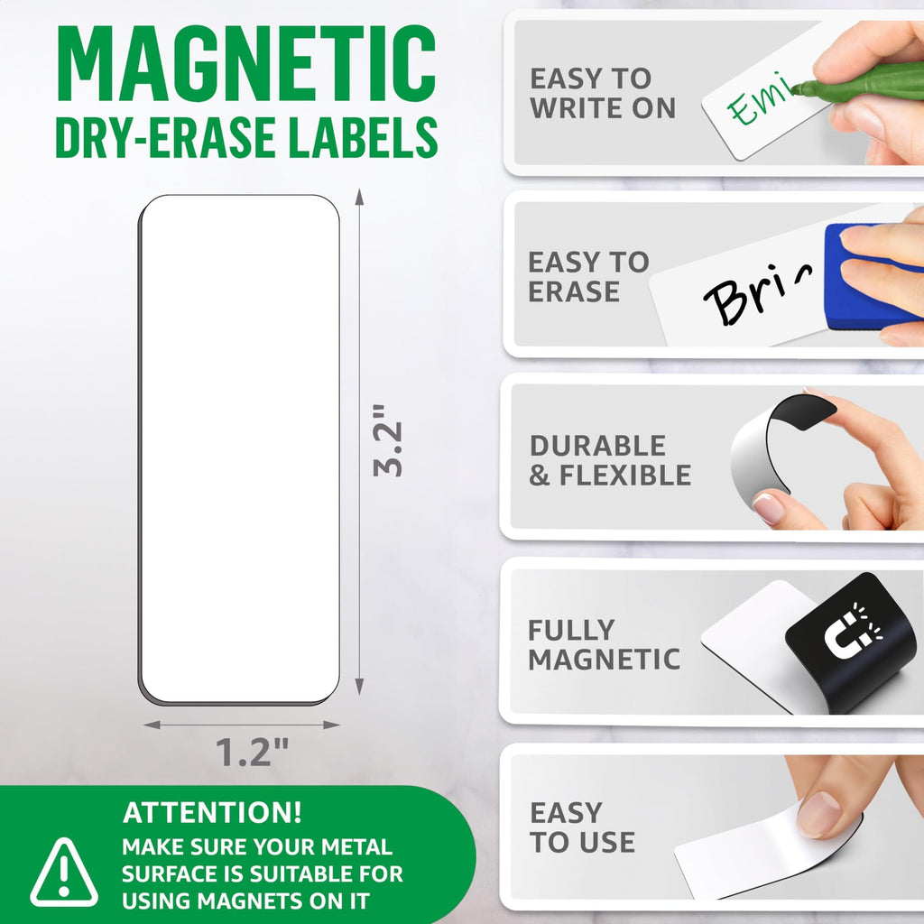 Feature graphic showing a small magnetic label, handwritten text, flexibility, and a magnetic backing