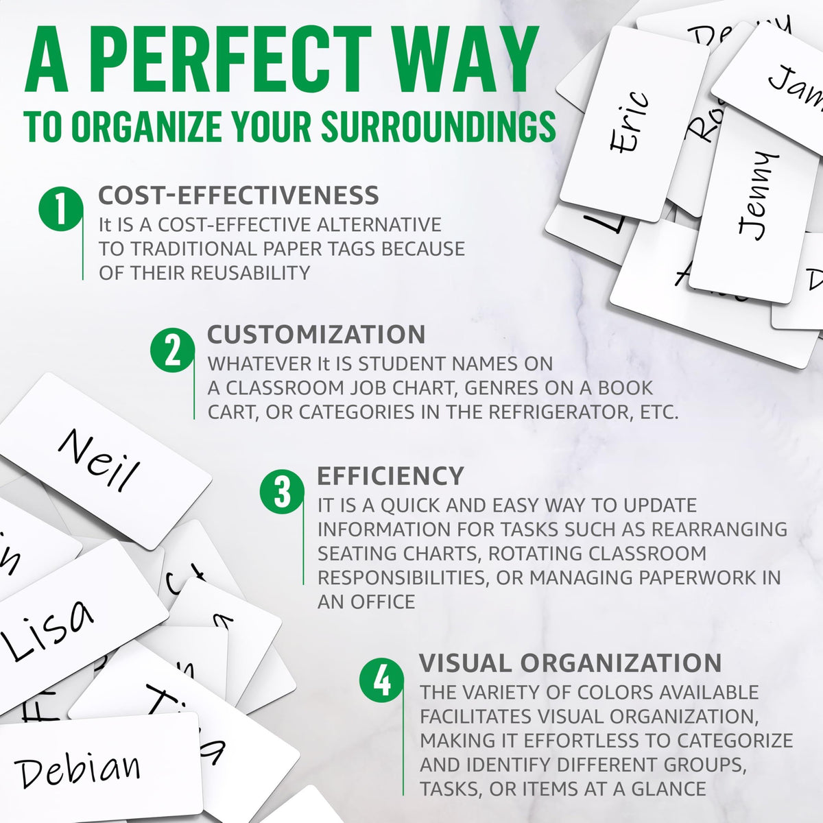 Assorted handwritten name labels beside an infographic about reusable magnetic organization