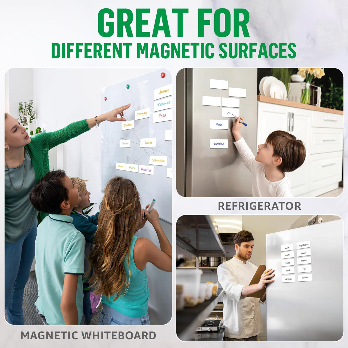 White magnetic labels used on whiteboards and refrigerators