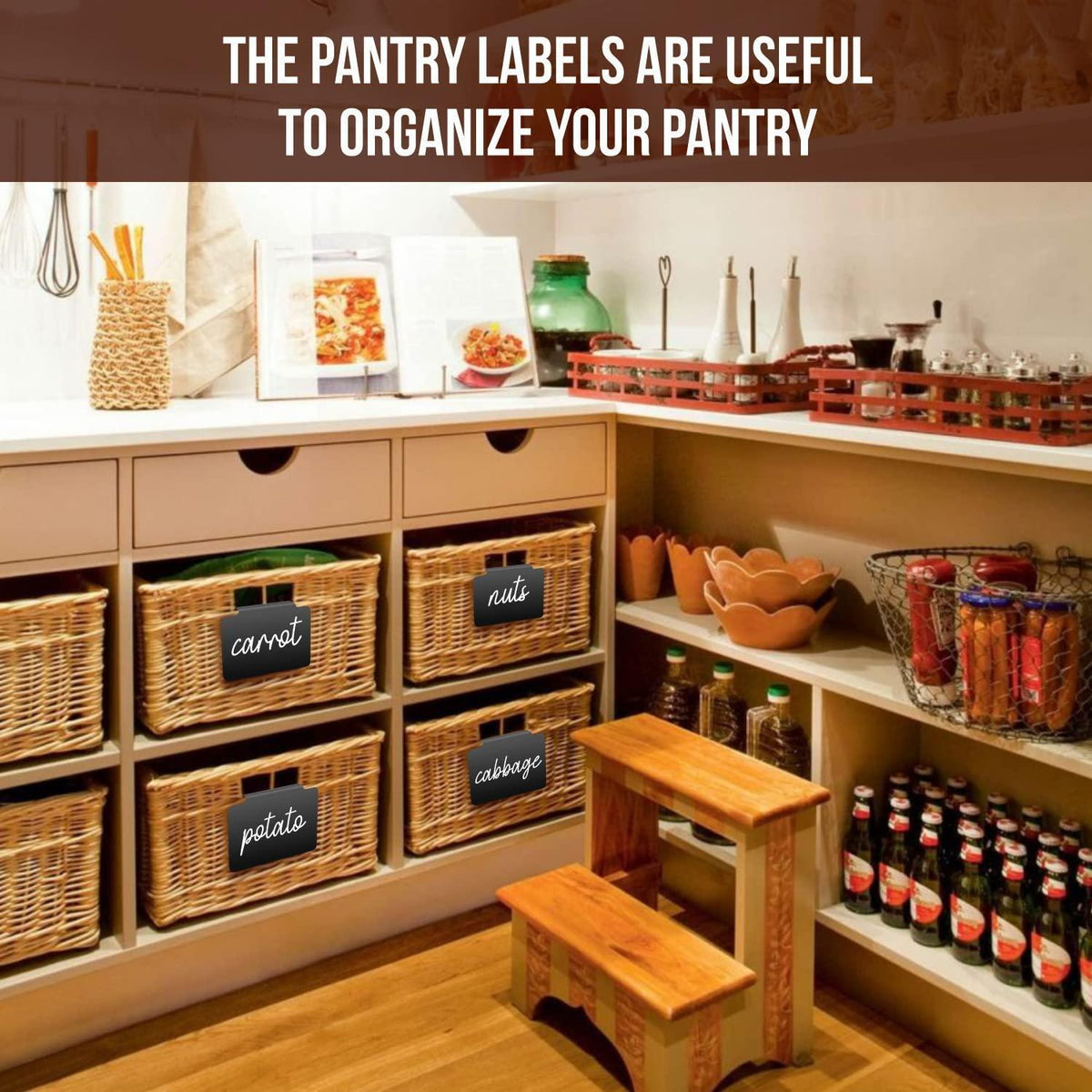 Black clip-on chalkboard labels organizing pantry baskets for carrots, potatoes, nuts, and cabbage