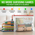Five color-coded mesh bags sorting strategy, adventure, family, party, and kids' games