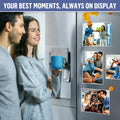 White magnetic sleeves displaying family photographs on a refrigerator