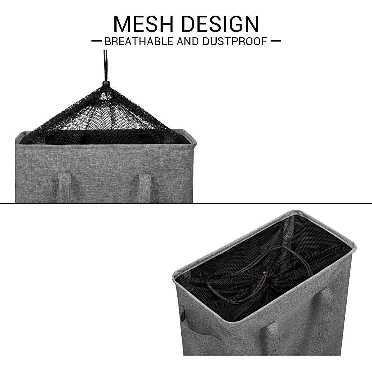 Open and drawstring-closed mesh top on the dark gray laundry hamper