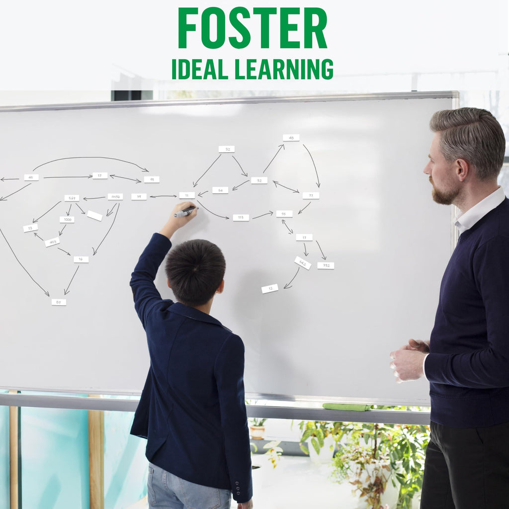 Student and adult arranging small white magnetic labels on a whiteboard