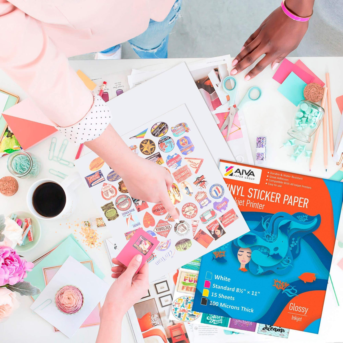 Crafting printed stickers with AIVA glossy white vinyl in a 15-sheet package