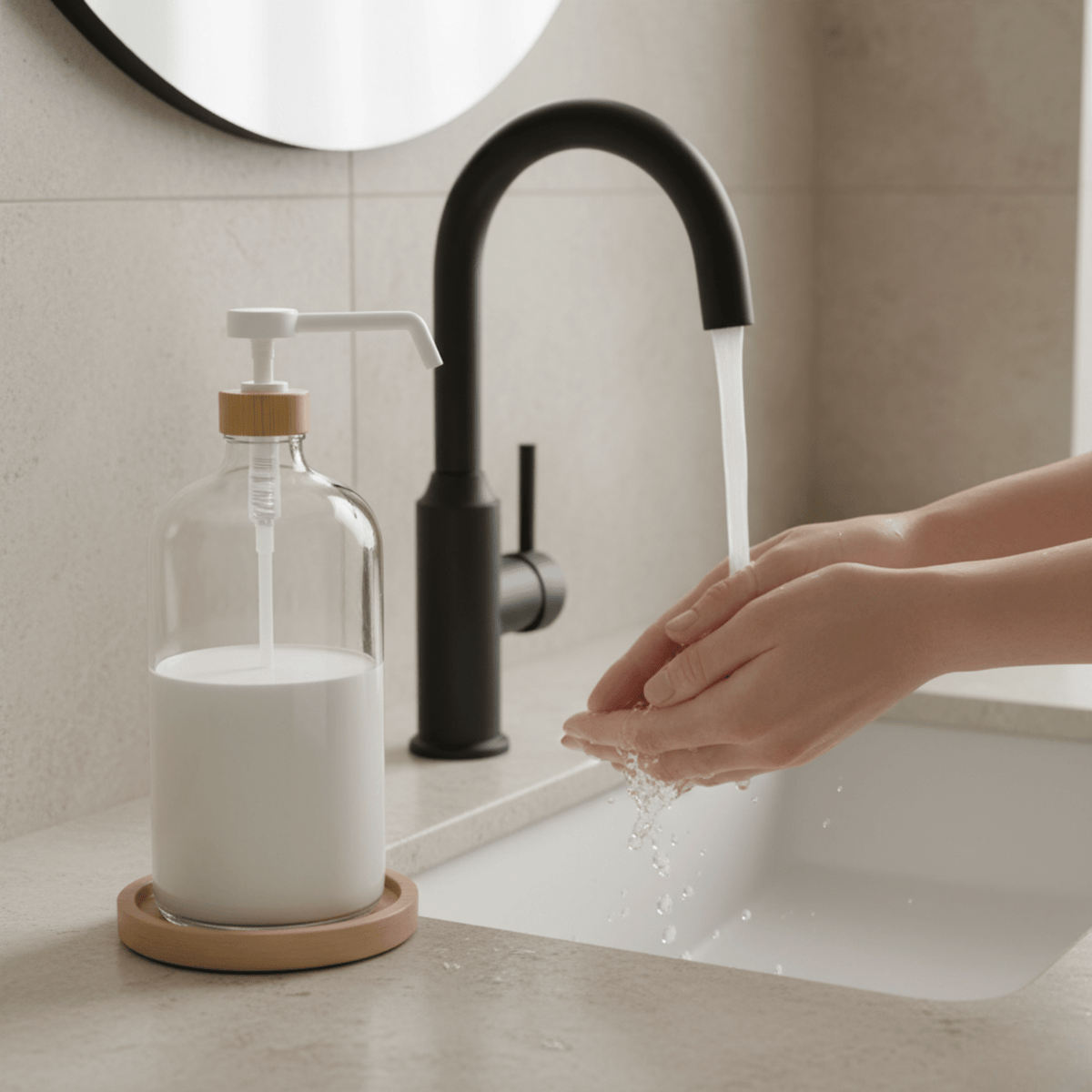 Washing hands at a sink next to the clear 1 L pump bottle