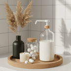 Clear 1 L pump bottle filled with lotion on a round wooden tray