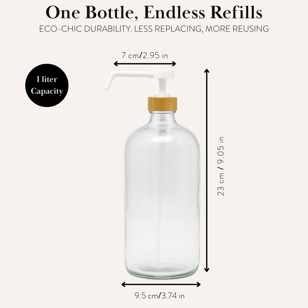 Clear 1 L bottle size: 9.05 in tall, 2.95 in pump spout
