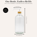 Clear 1 L bottle size: 9.05 in tall, 2.95 in pump spout