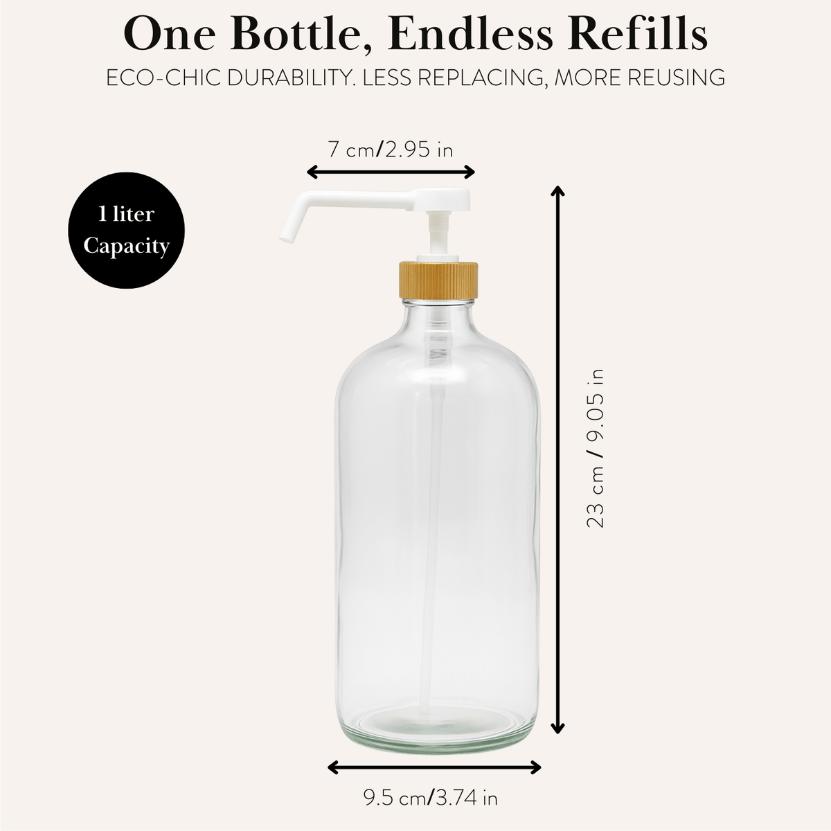 Clear 1 L bottle size: 9.05 in tall, 2.95 in pump spout