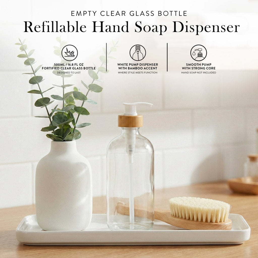 Refillable clear glass hand soap dispenser on a bathroom counter
