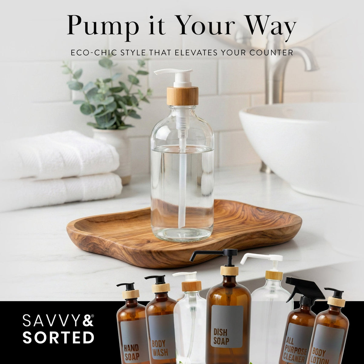 Clear glass bottle on a wooden tray with other pump bottles