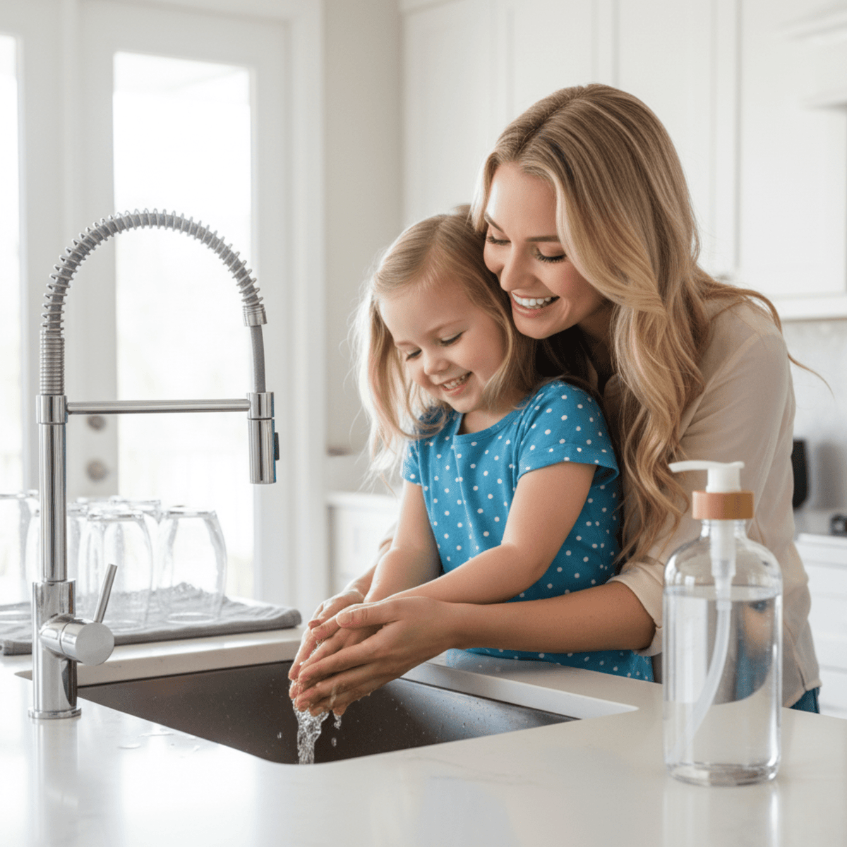Parent and child washing hands next to the clear soap bottle