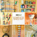 Collage of the complete shed kit: tool racks, shelves, hose hook and ladder rack