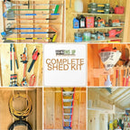 Collage of the complete shed kit: tool racks, shelves, hose hook and ladder rack
