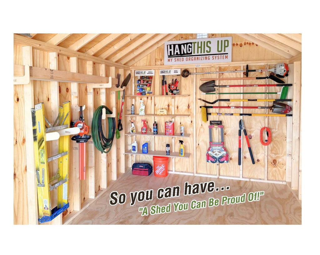 Shed wall organized with HangThis Up wood racks