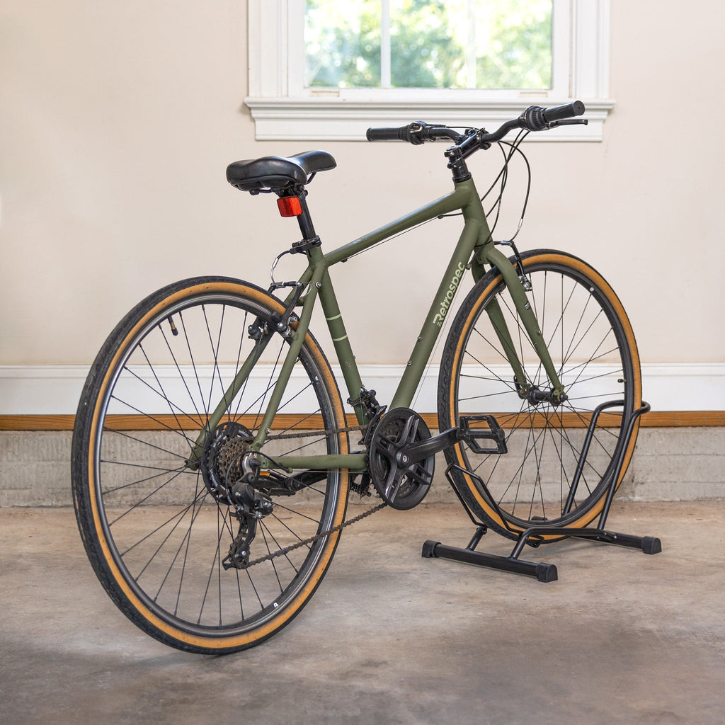 Bike standing upright in the CycleStand floor stand