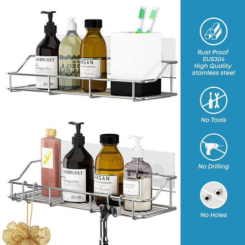 Silver stainless steel caddies holding bottles, soap dispensers, and toothbrushes