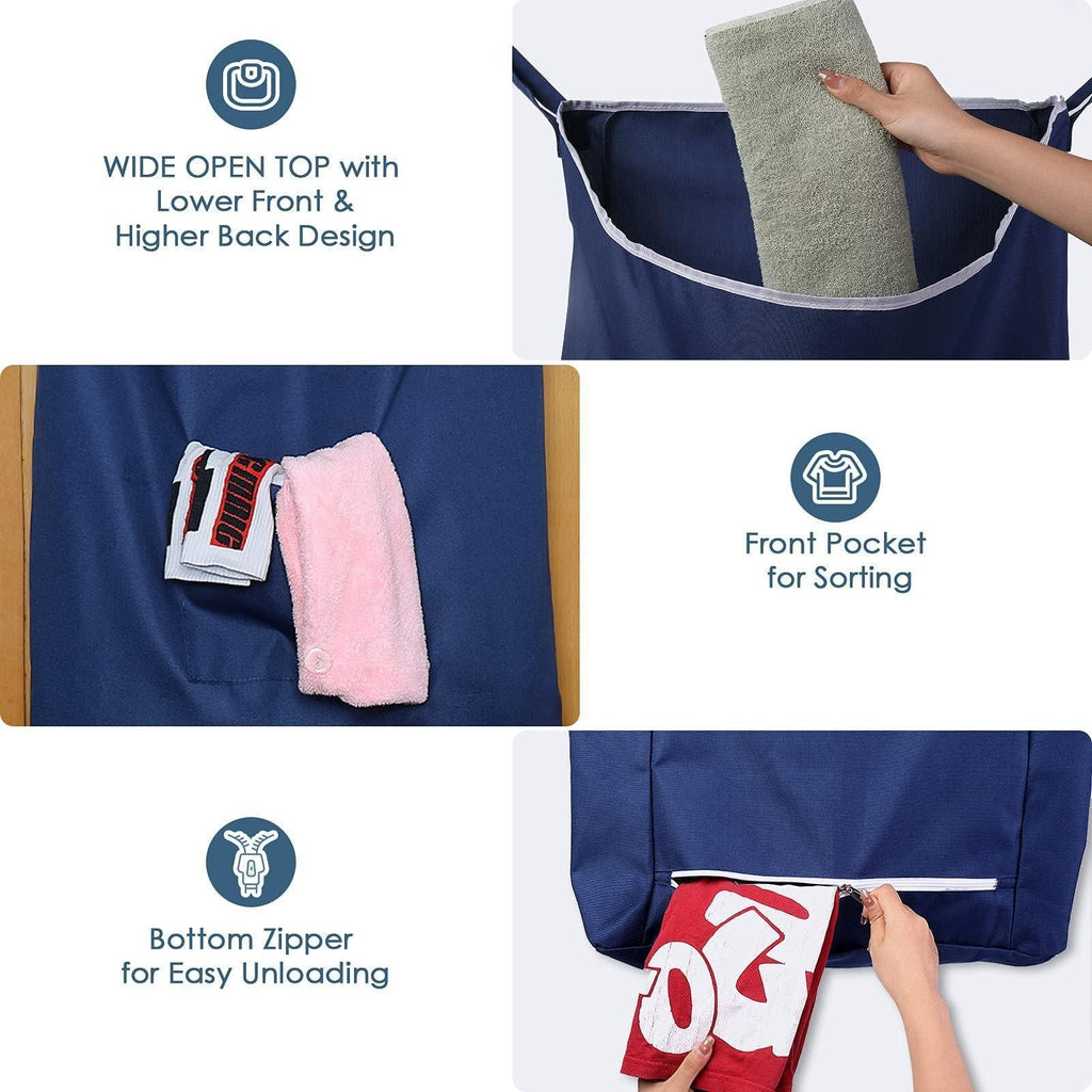 Wide opening, front pocket, and bottom zipper of the navy laundry hamper