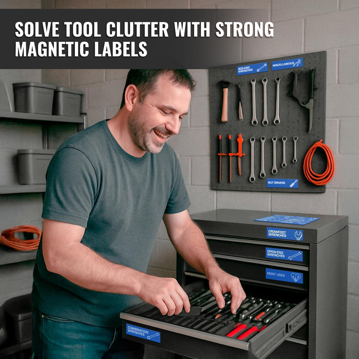 Blue magnetic labels organizing drawers in a workshop tool cabinet