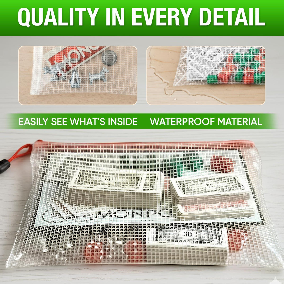 A3 mesh bag holding game pieces with close-ups of its transparent mesh construction