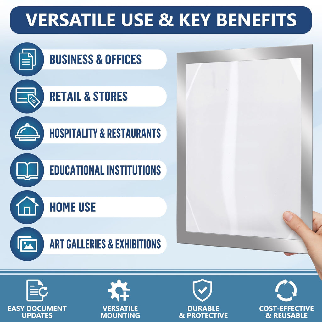 Hand holding a silver sign holder, with uses in offices, stores, restaurants, schools and homes