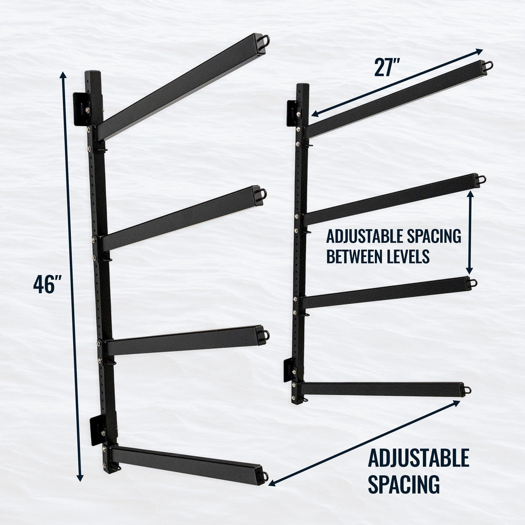 Shenandoah 4-level rack dimensions: 46 in tall, 27 in arms, adjustable spacing