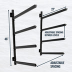 Shenandoah 4-level rack dimensions: 46 in tall, 27 in arms, adjustable spacing