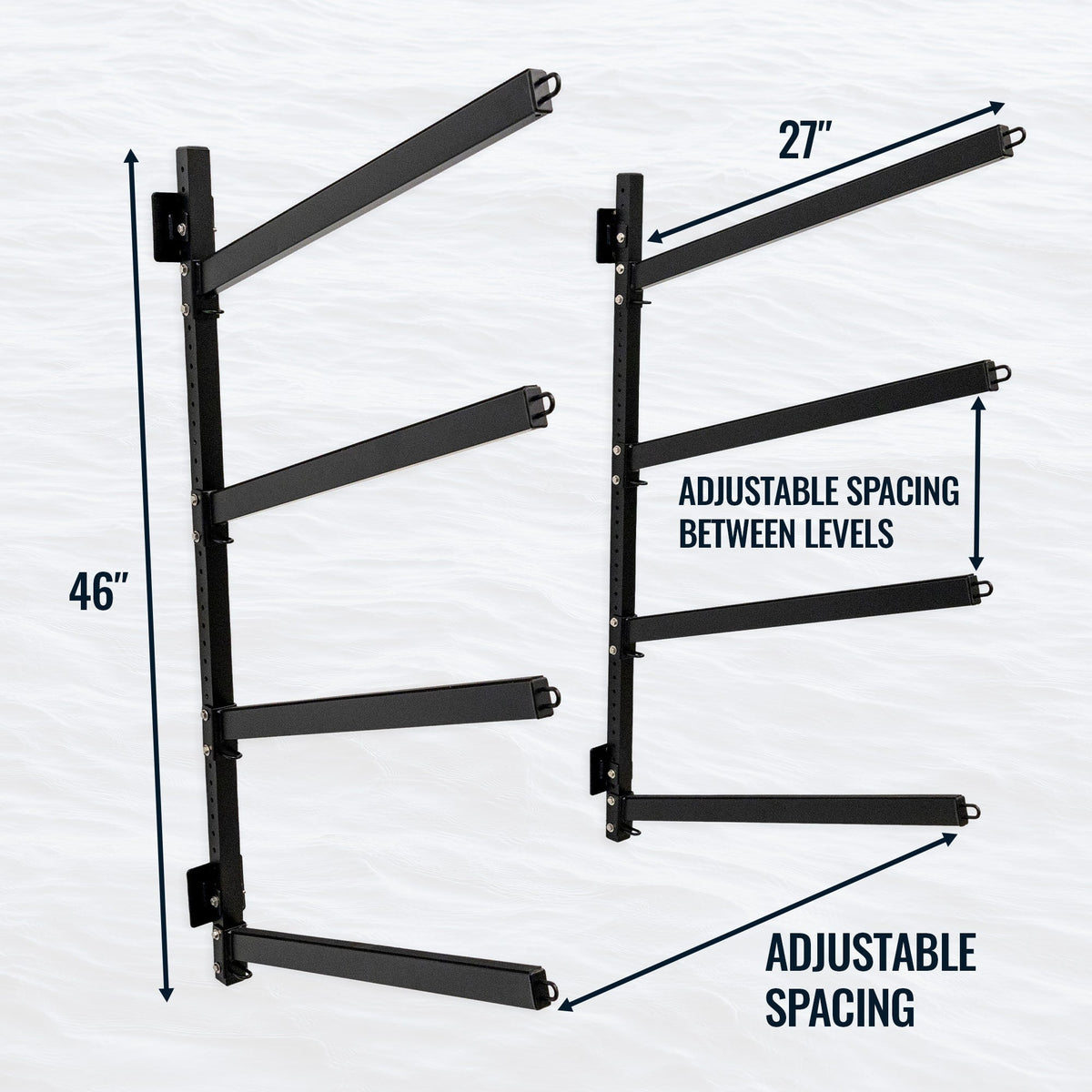 Shenandoah 4-level rack dimensions: 46 in tall, 27 in arms, adjustable spacing