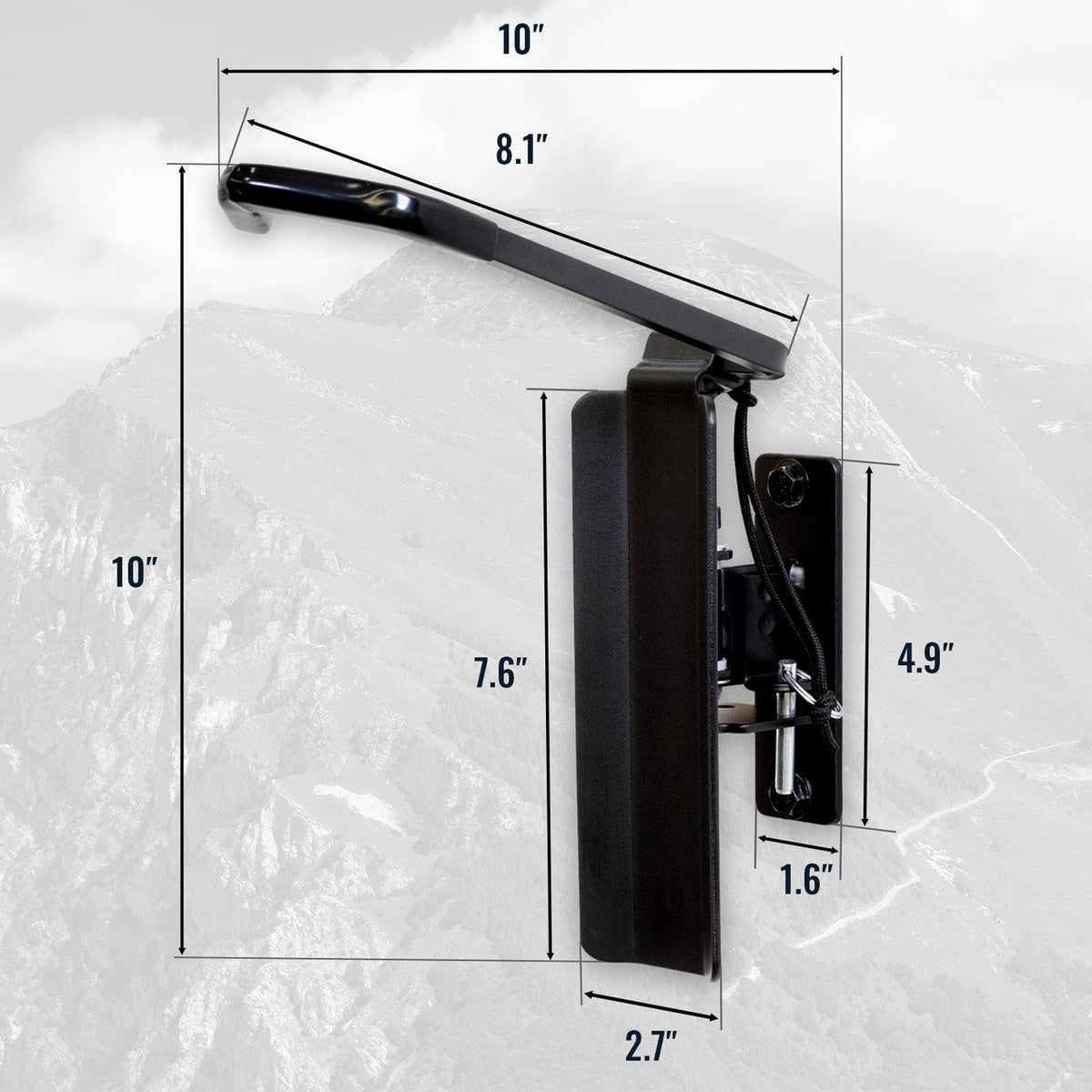 Swivel bike hook dimensions: 10 in arm, 10 in tall mount, 2.7 in wide