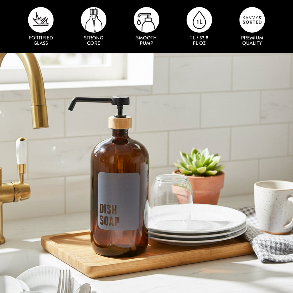 Amber dish soap bottle on a wooden tray; fortified glass, smooth pump, 1 L