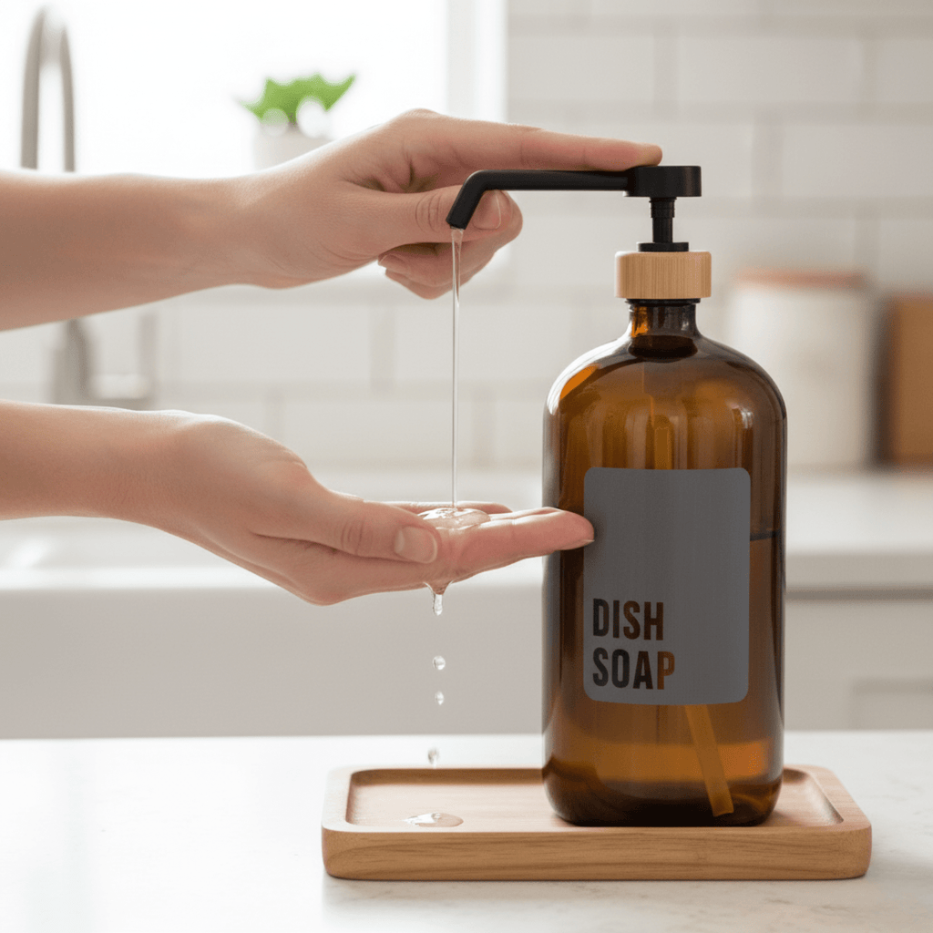 Hand pumping dish soap from the amber bottle on a wooden tray