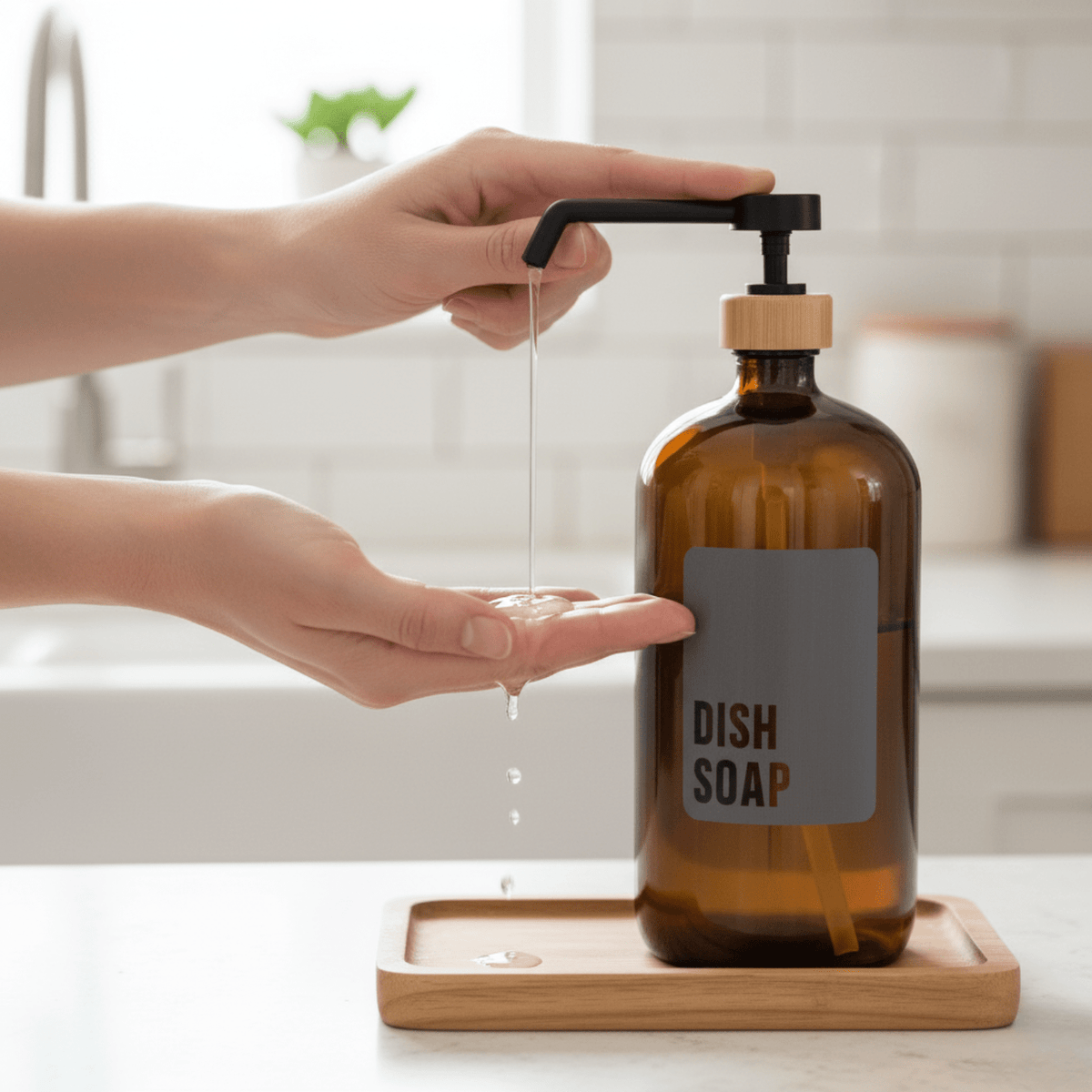 Hand pumping dish soap from the amber bottle on a wooden tray