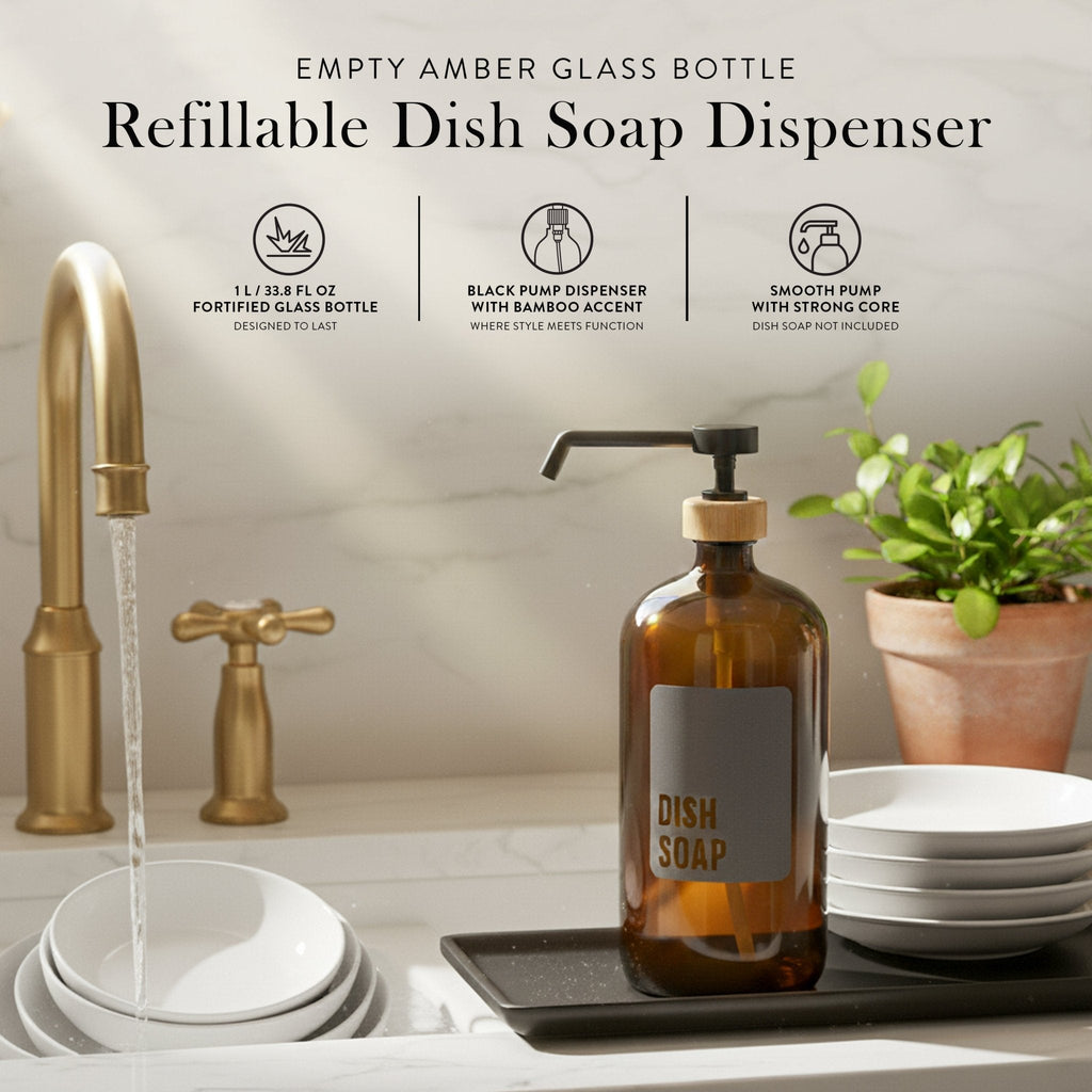 Refillable amber glass dish soap dispenser next to stacked plates