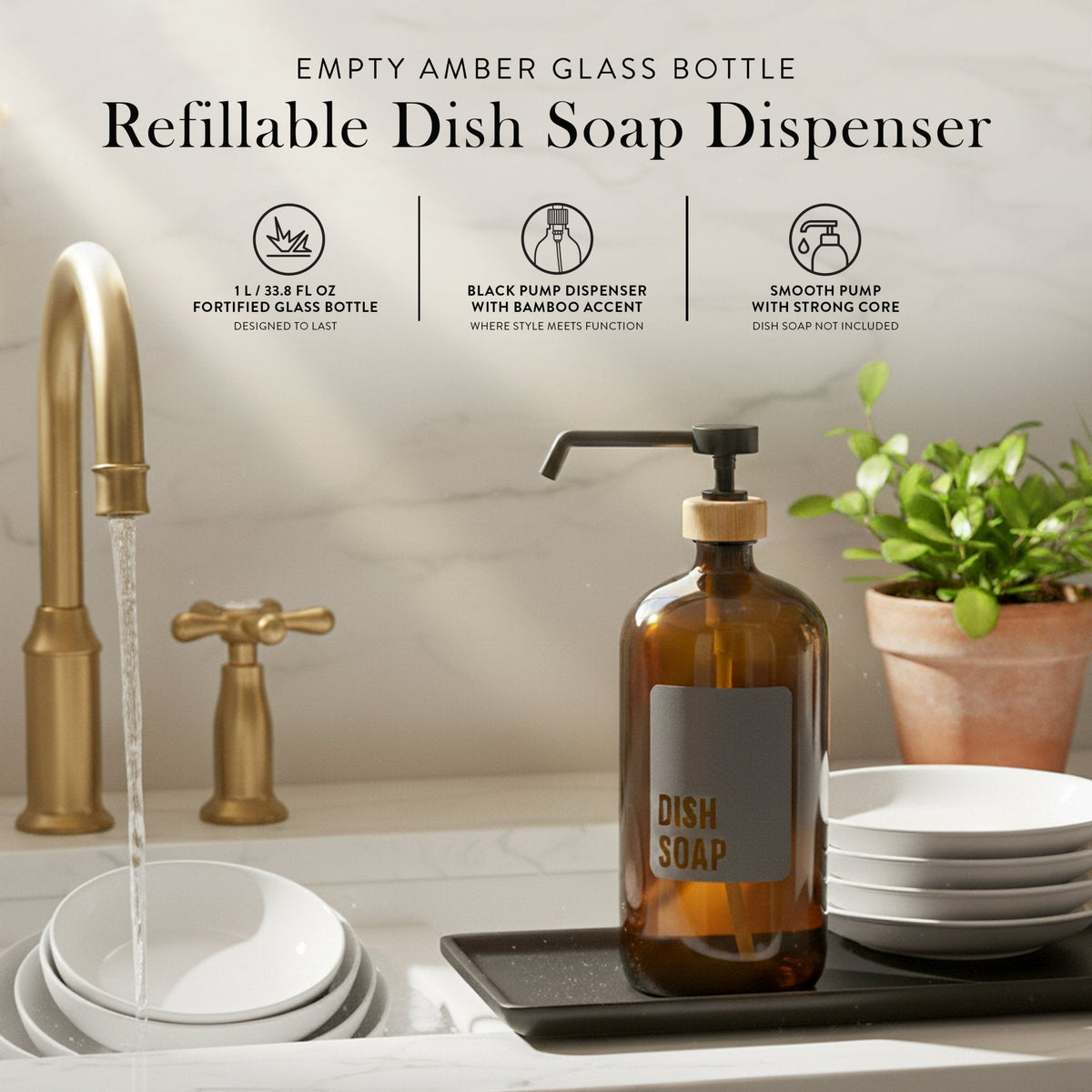 Refillable amber glass dish soap dispenser next to stacked plates
