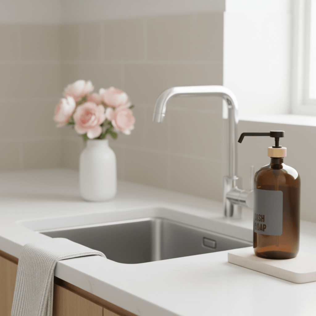 Amber dish soap bottle beside a kitchen sink