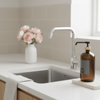 Amber dish soap bottle beside a kitchen sink