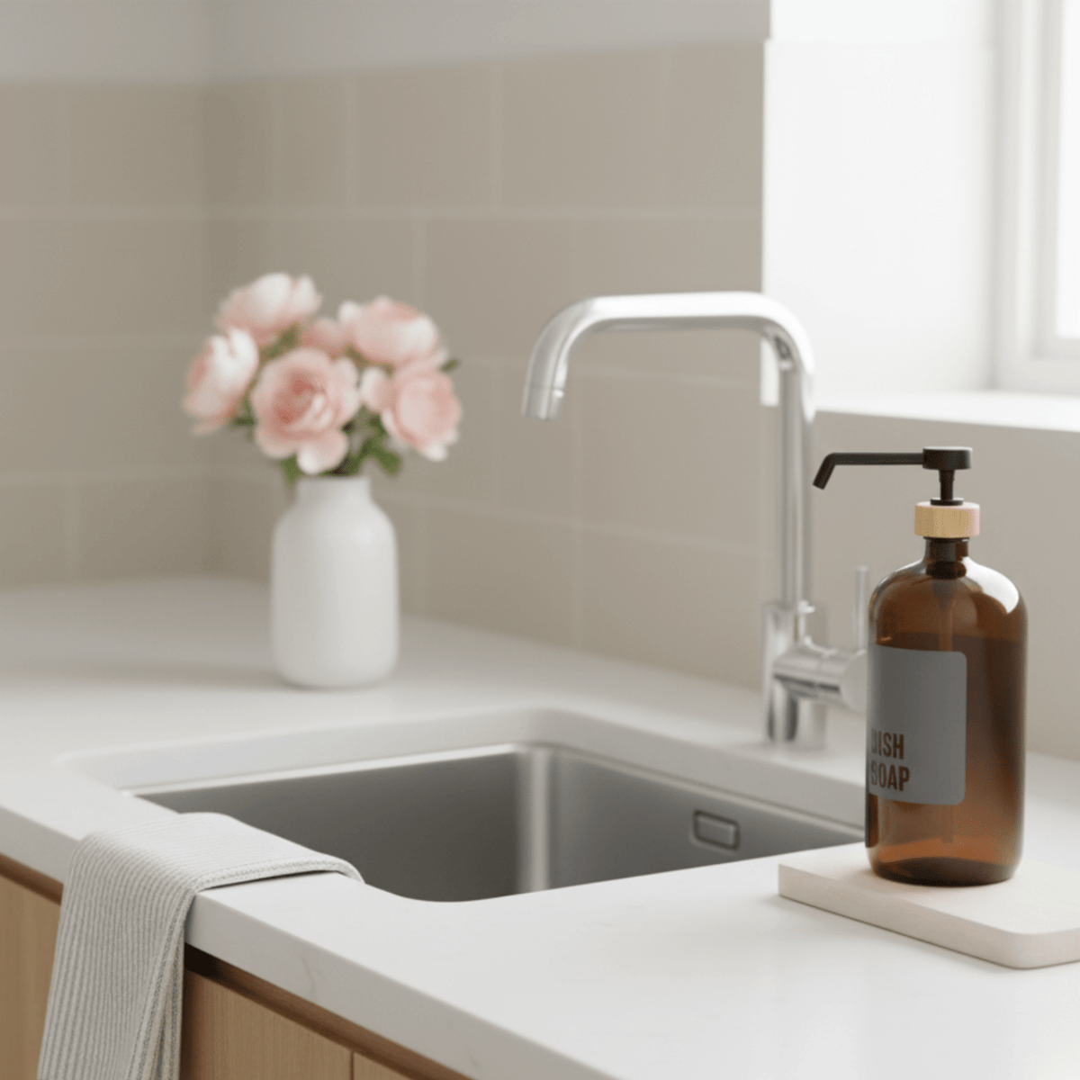 Amber dish soap bottle beside a kitchen sink