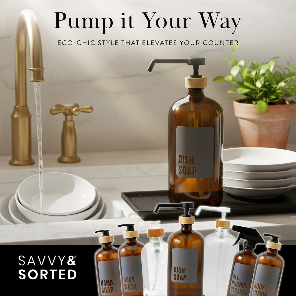 Amber dish soap bottle by the sink with other amber pump bottles