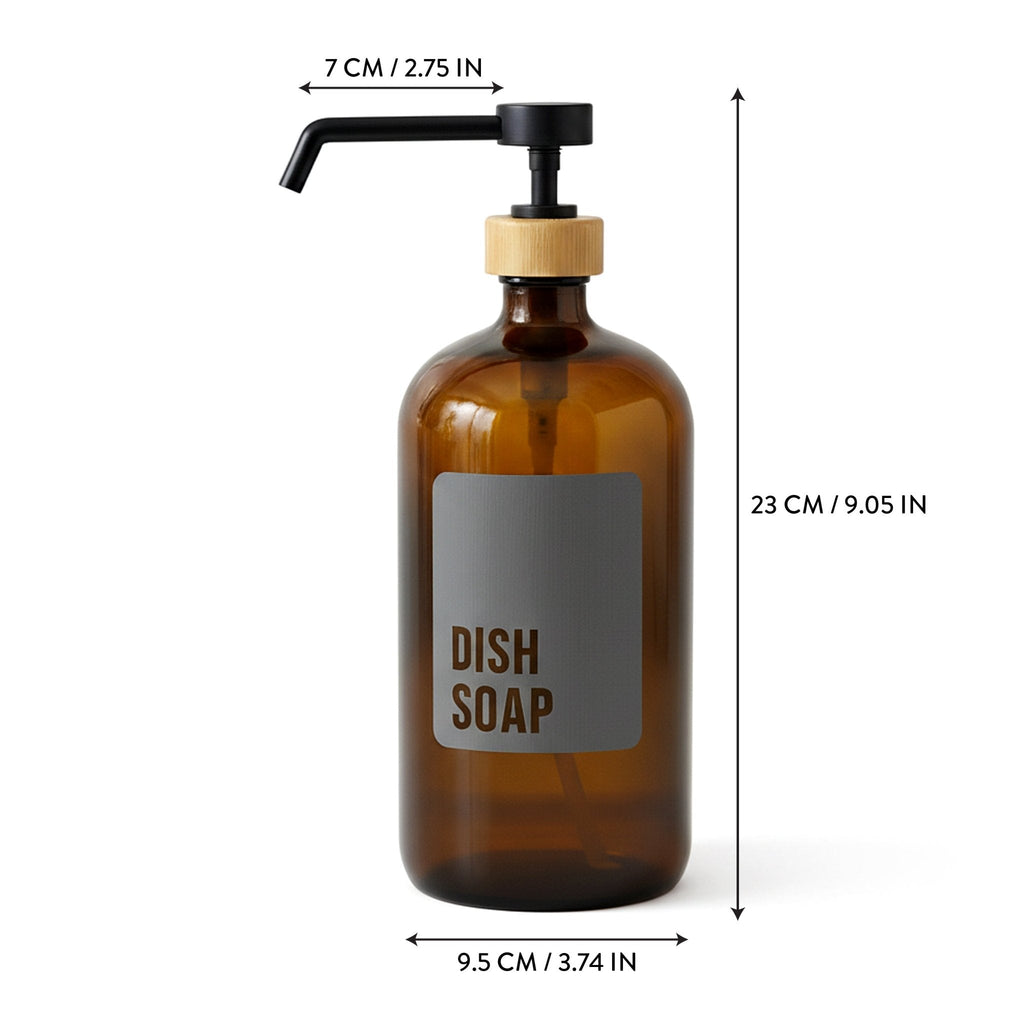 Dish soap bottle size: 9.05 in tall, 3.74 in wide, 2.75 in spout