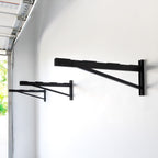 Three empty 2 x 8 ft DIY shelf brackets mounted on a wall
