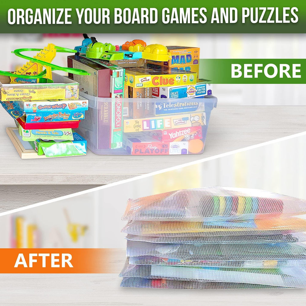 Board games and puzzle pieces organized in stacked mesh zipper bags