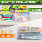 Board games and puzzle pieces organized in stacked mesh zipper bags