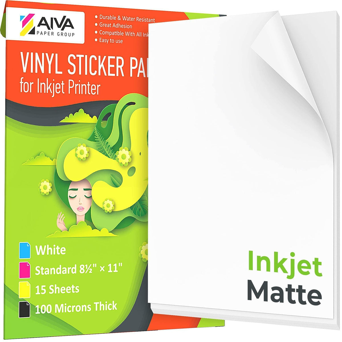 AIVA matte white inkjet printable vinyl, 15 letter-size sheets with peel-off backing