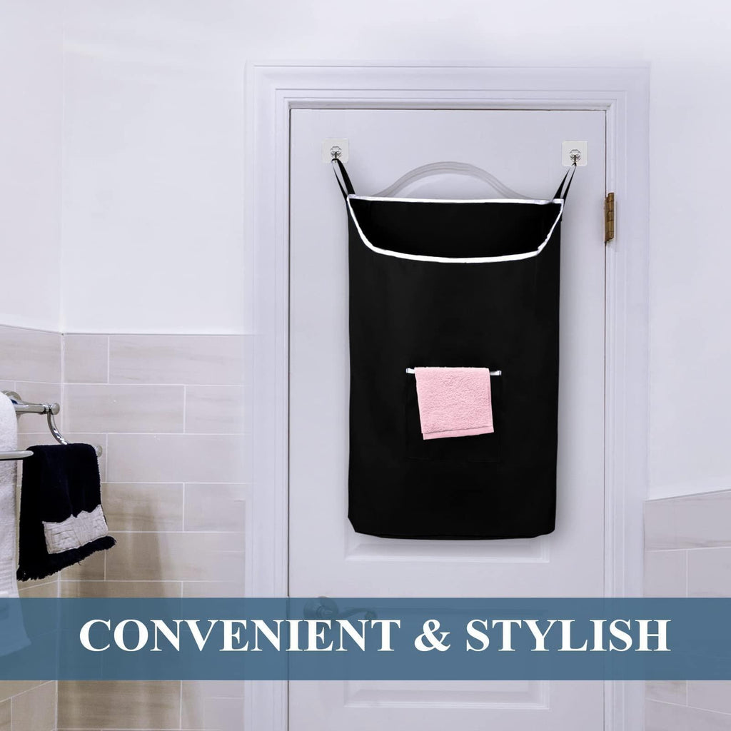 Black hanging laundry hamper installed behind a bathroom door