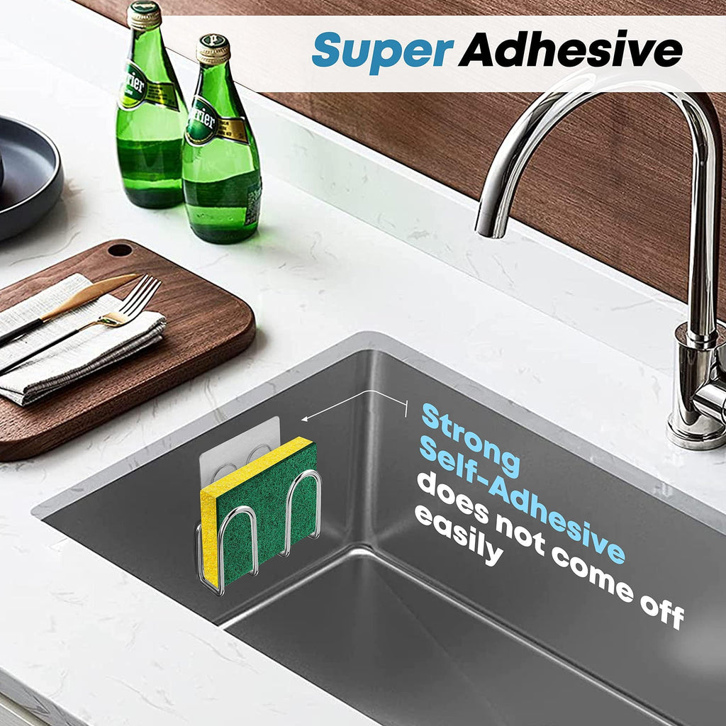 Adhesive sponge holder mounted inside a stainless steel kitchen sink, highlighting its self-adhesive support